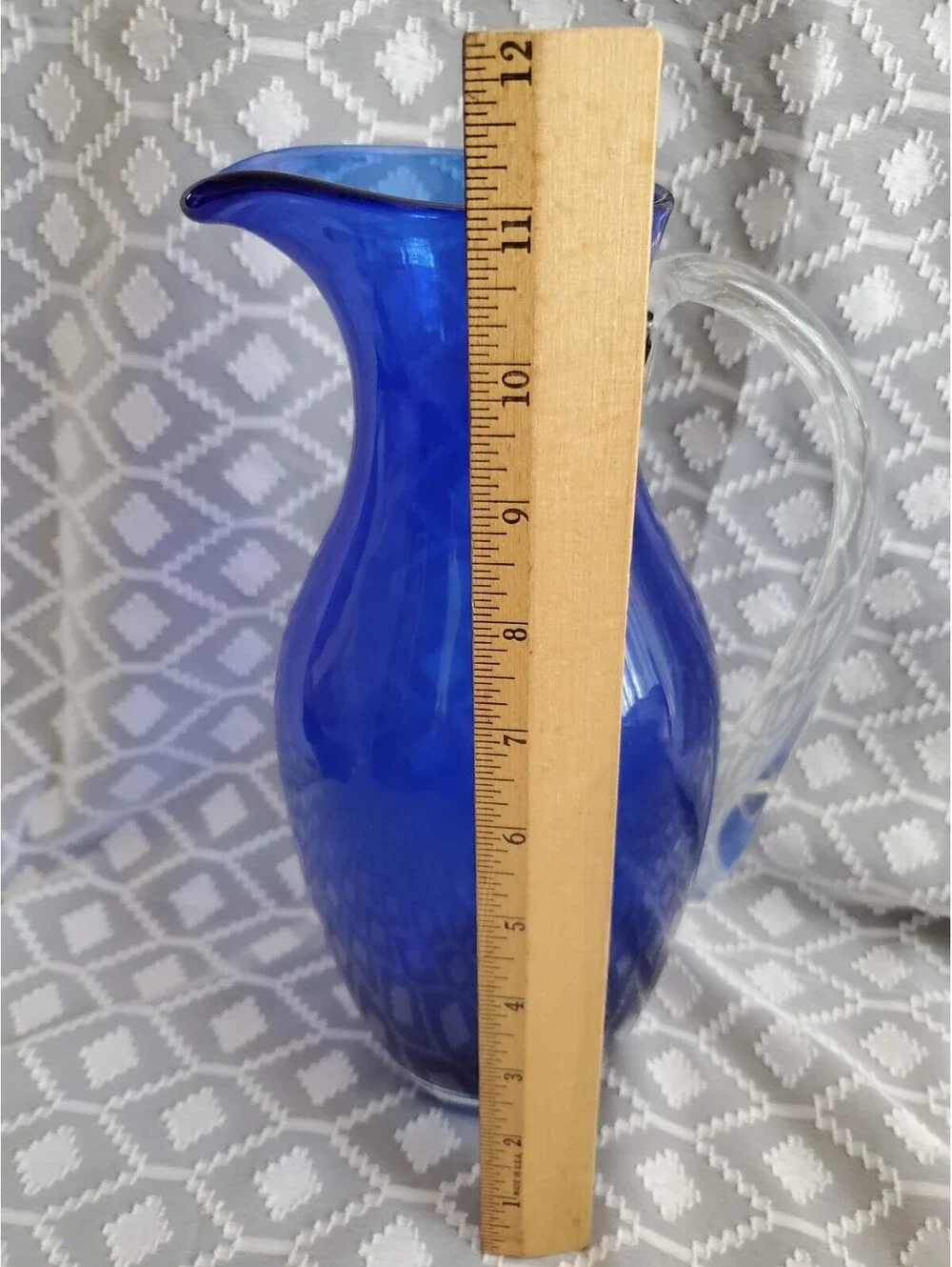 Vtg Beautiful Blown Glass Cobalt Pitcher With Applied Clear Handle